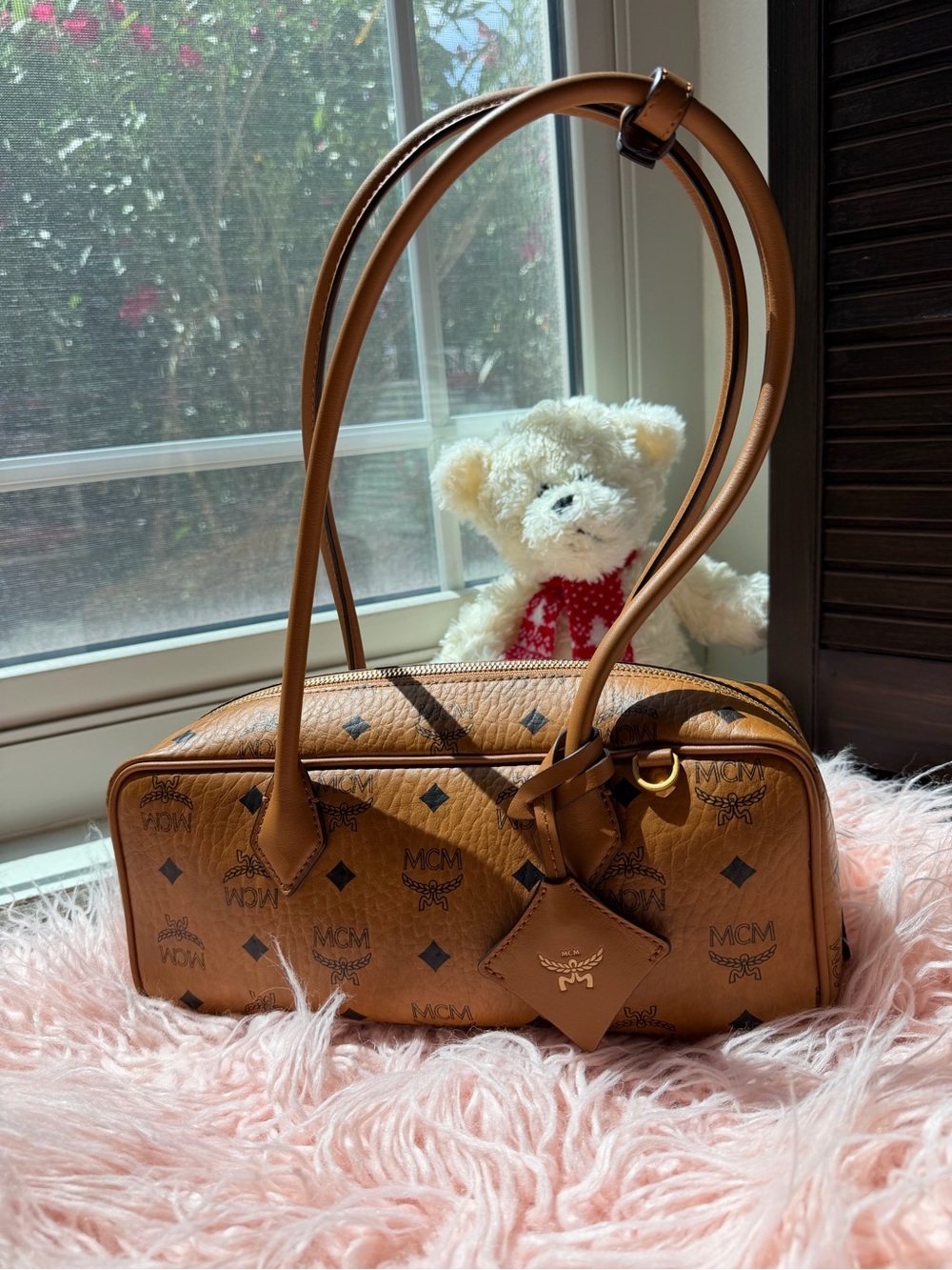 MCM Cognac Monogram Barrel Shoulder Bag with Double Straps